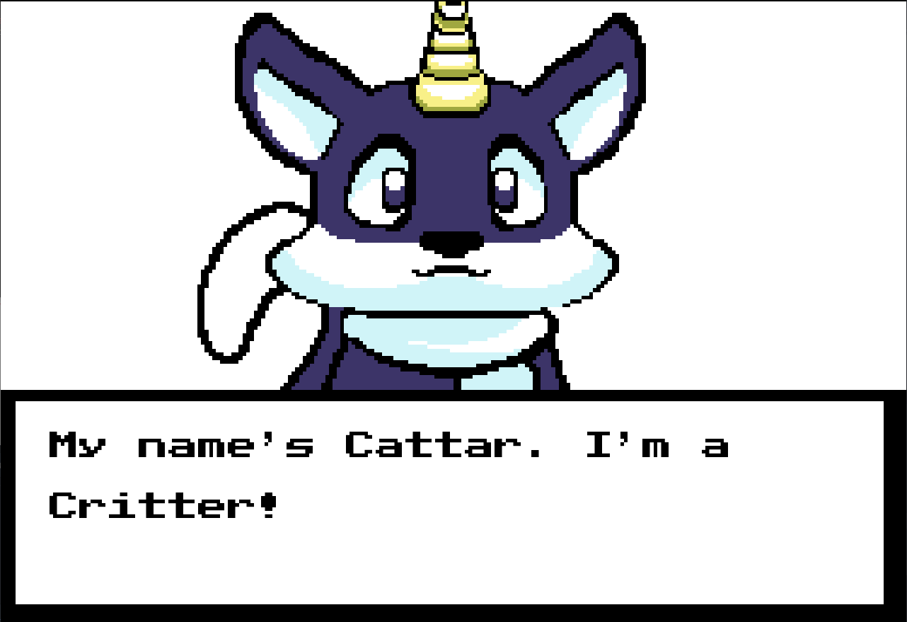 Cattar is speaking to the player. It is saying “My name’s Cattar! I’m a critter!”