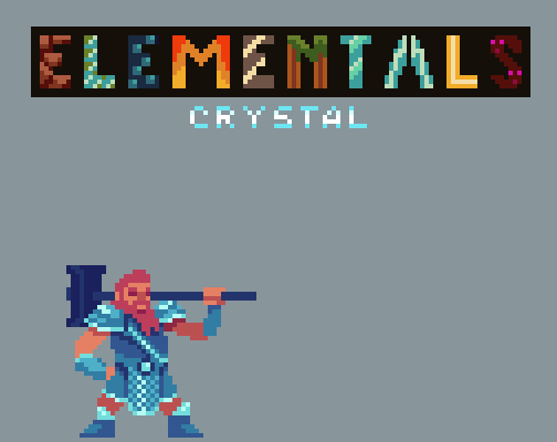 Pixel art of a bearded warrior in blue armor holding a large hammer, with 'Elementals Crystal' text above.