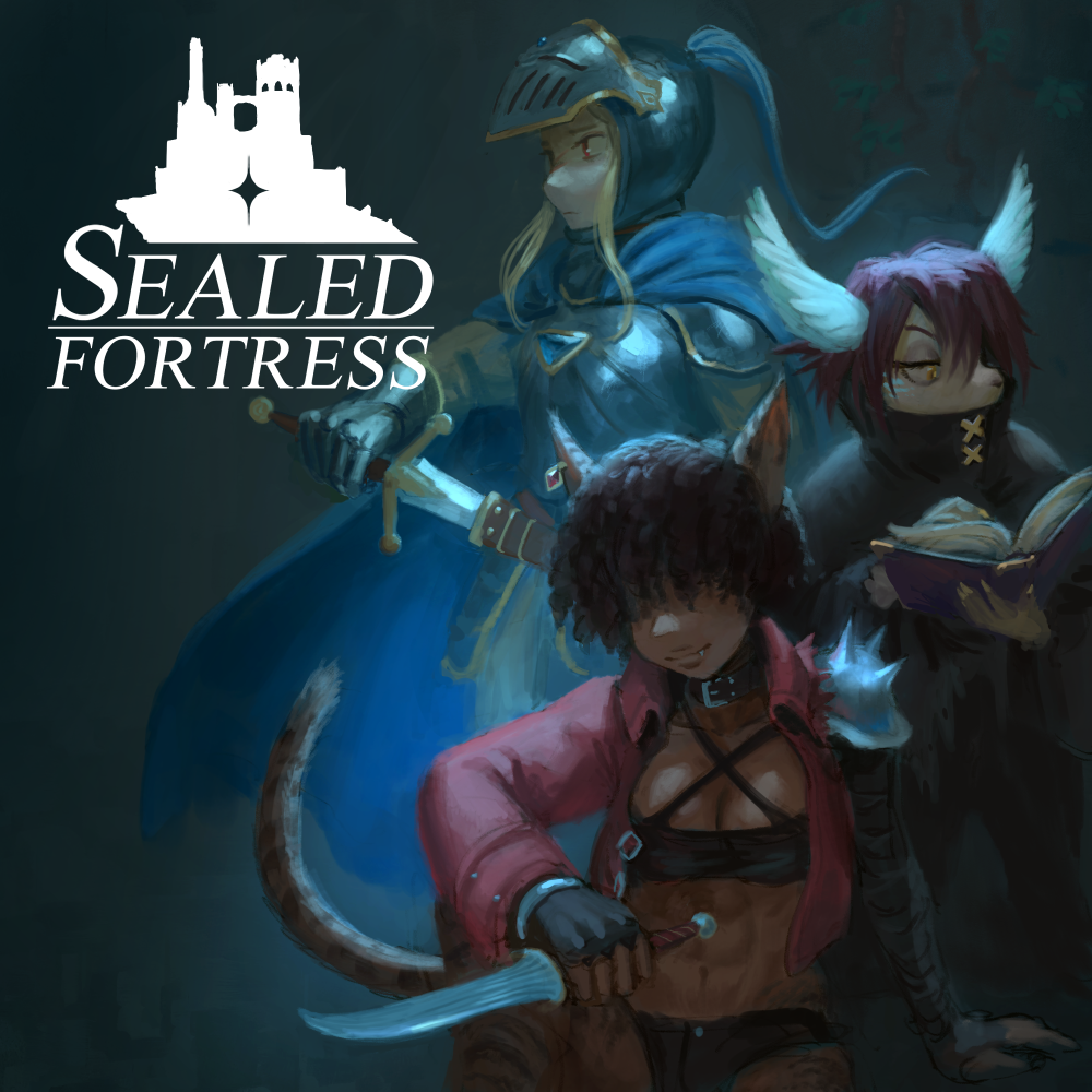 Box art for Sealed Fortress. A group of three adventurers pose in the dim light next to a large super-imposed Sealed Fortress logo. The furthest back adventurer is a knight in full armor drawing her sword. Beside her is a spell caster peeking over their mantle to thumb through the pages of a tome. In front a thief poses in a relaxed manner while idly holding out her dagger.