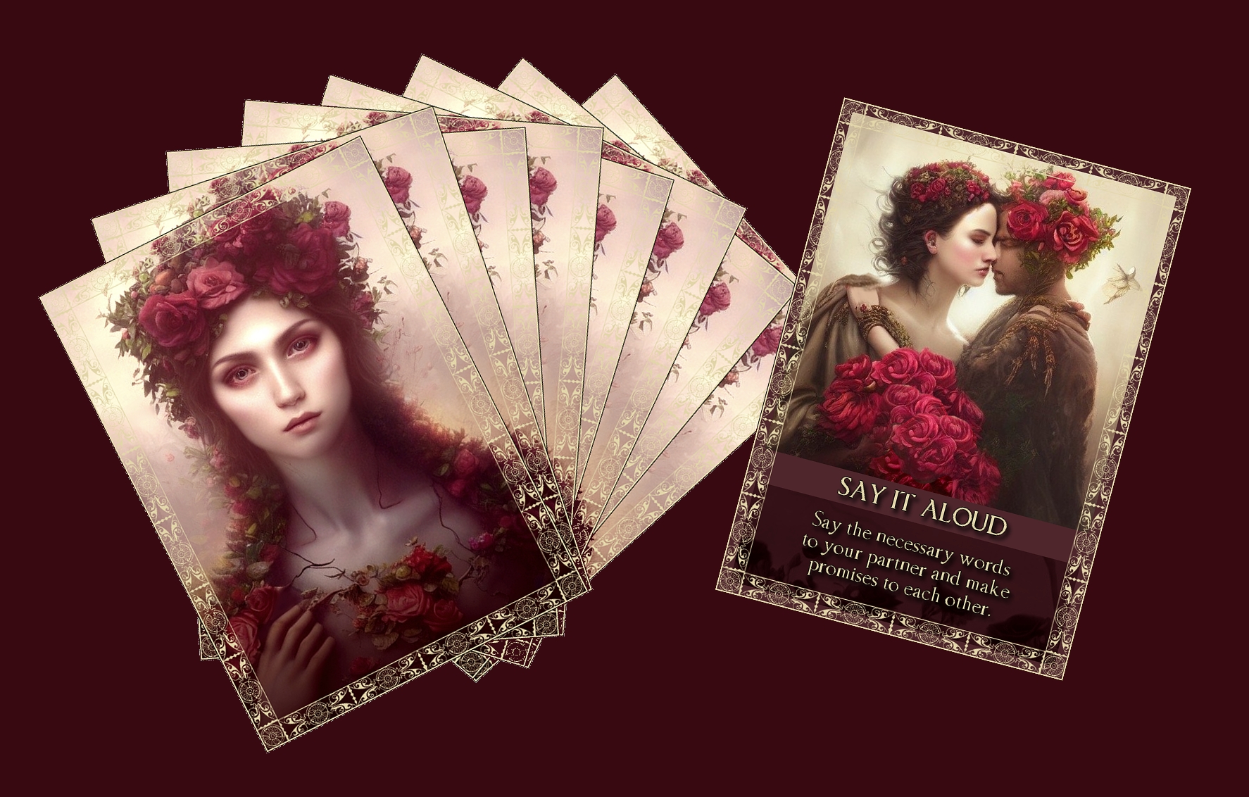 Forest Roses Printable Love Oracle Deck (30 Divination Cards with Fantasy Couples)