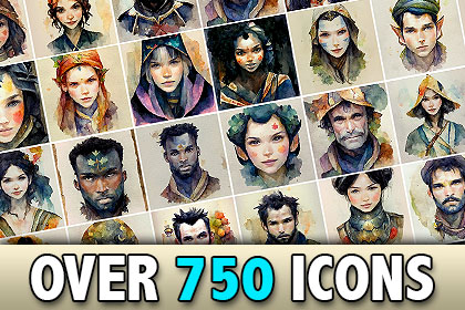 Watercolor Icons 1 - Heroes & Villains - Fantasy & RPG Themed Icons