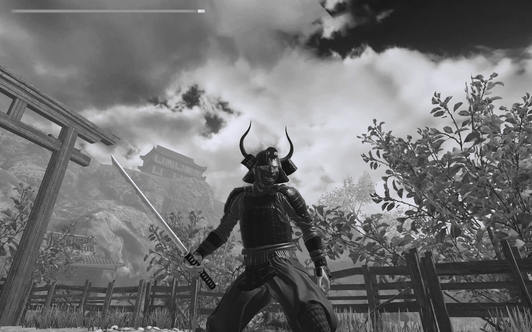 Black and white photograph of a samurai in stylish black clothes with his  ass on his back 2K wallpaper download