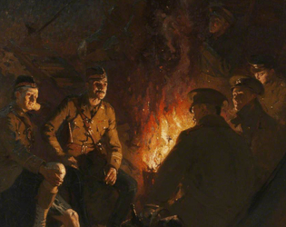 Purga de Pólvora   - Iluminados por el fuego, soldados se reúnen a hablar del conflicto que los engulle, más allá de sus banderas. 
