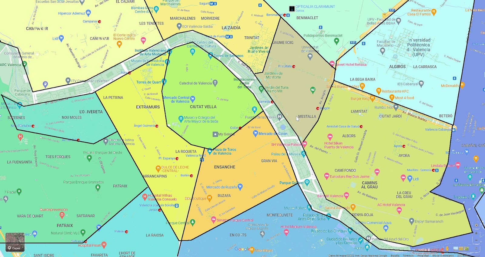 División del centro de Valencia por barrios