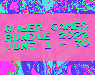 Fluid abstract pink and blue background. Title "Queer Games Bundle 2022" is cyan-blue with a pixel-style font