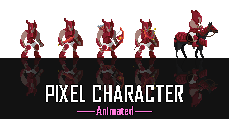 Five red armored pixel characters, one riding a horse, above the text 'Pixel Character Animated'.