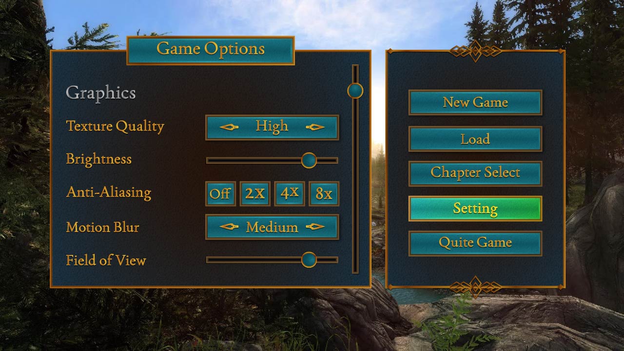 Immersive game option menu for fantasy-themed game interface asset pack