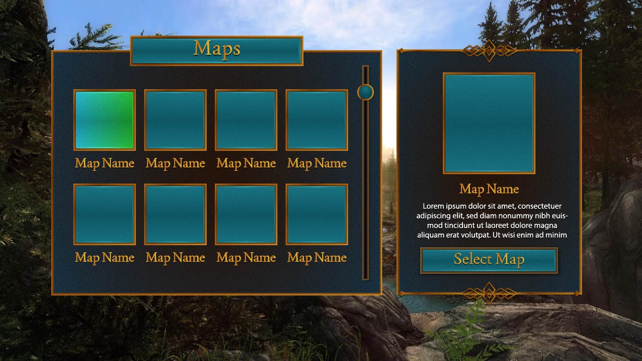 Immersive fantasy-themed map selector menu game interface asset pack
