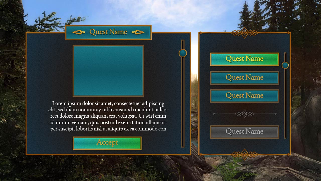 Immersive fantasy-themed game quest menu interface asset pack