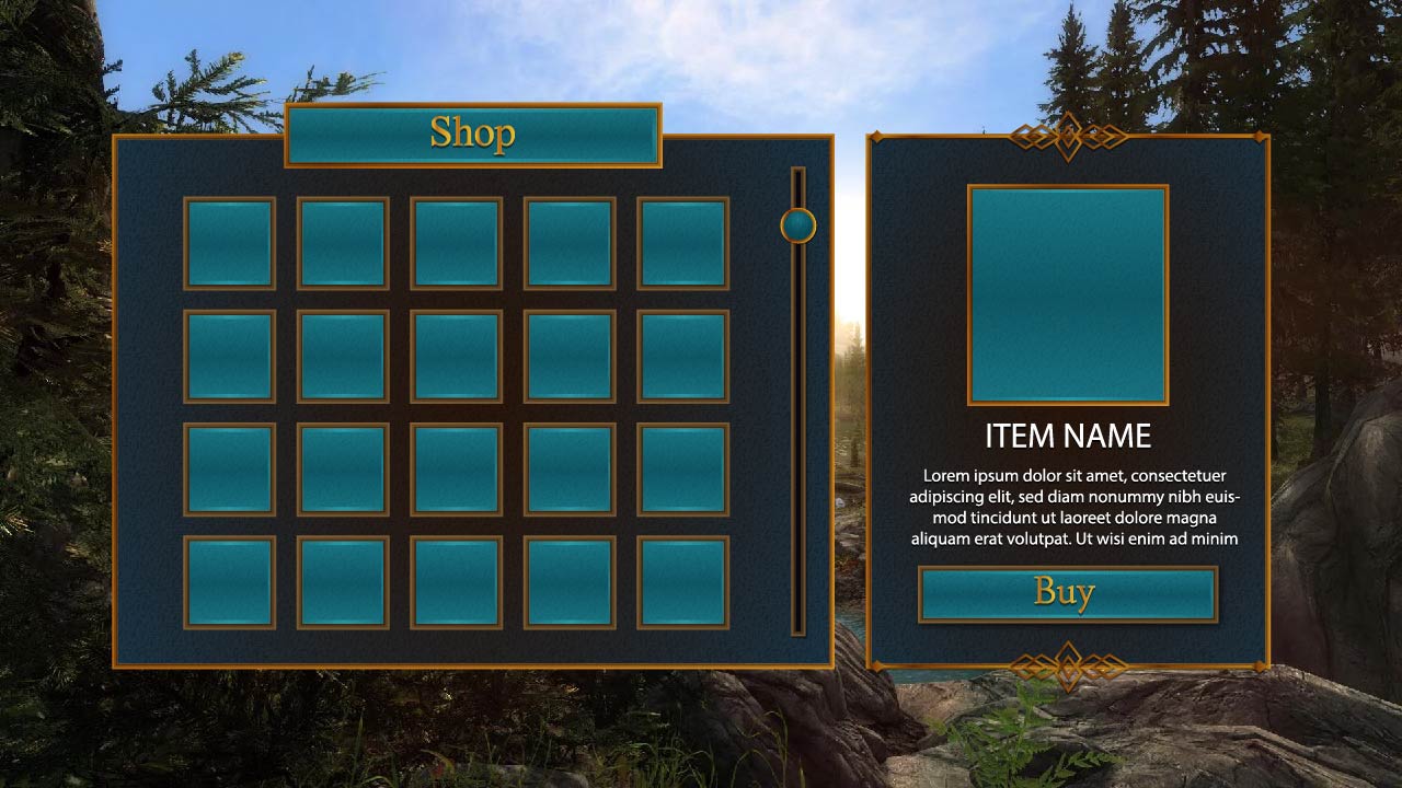 Immersive fantasy-themed game shop menu interface asset pack