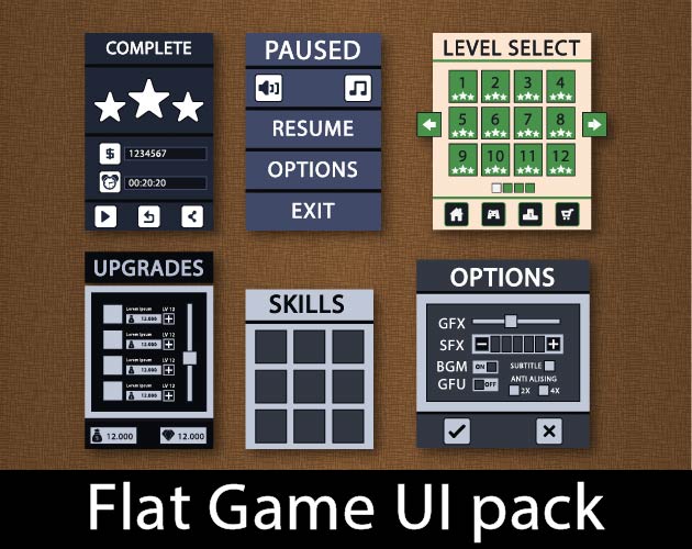 Clean and minimalist flat game user interface asset pack