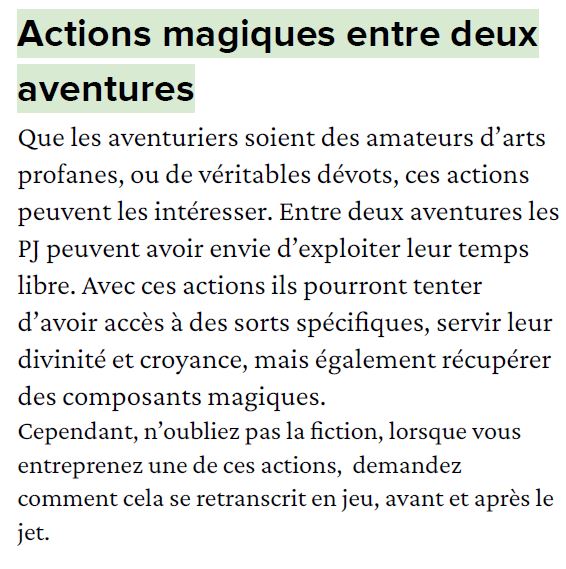 Cover image for Actions entre deux aventures : apprentissage magique, dévotion, composant magique